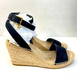 Tory Burch Laurel 90mm Wedge Espadrille Black Leather Strap Sandals; Women’s 8.5